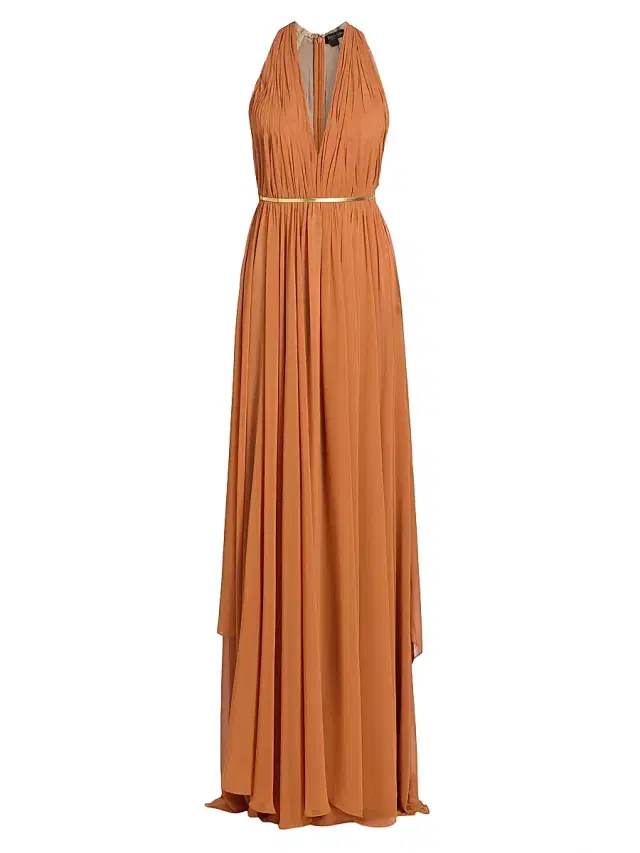 Reem Acra Women's Pleated Chiffon Belted A-Line Gown - Copper Gold