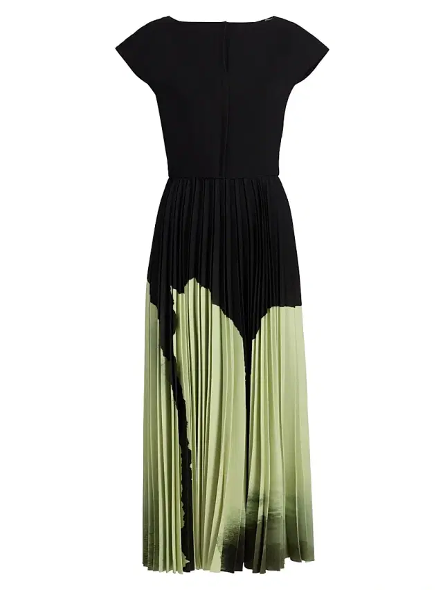 Women's Watercolor Floral Crepe Pleated Midi-Dress - Nori Light Jade Multi