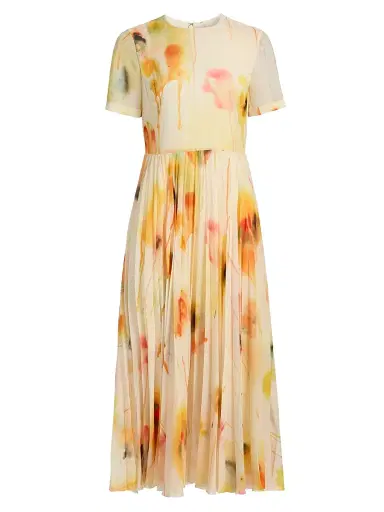 Jason Wu Collection Women's Watercolor Floral Pleated Chiffon Midi-Dress - Limoncello Multi - Size 10 | Thumbnail 1
