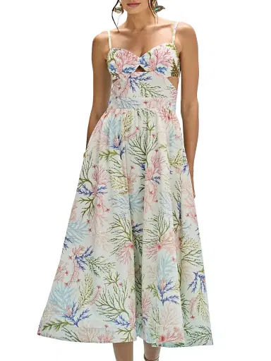 PatBO Women's Seaweed Printed Stretch-Cotton Midi-Dress - Off White | Thumbnail 3