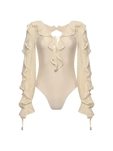 PatBO Women's Jade Plunge Long-Sleeve One-Piece Swimsuit - Off White | Thumbnail 1 PatBO Women's Jade Plunge Long-Sleeve One-Piece Swimsuit - Off White | Thumbnail 1