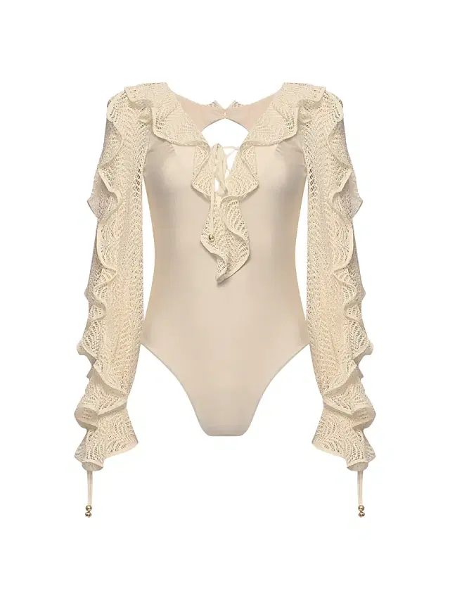 PatBO Women's Jade Plunge Long-Sleeve One-Piece Swimsuit - Off White