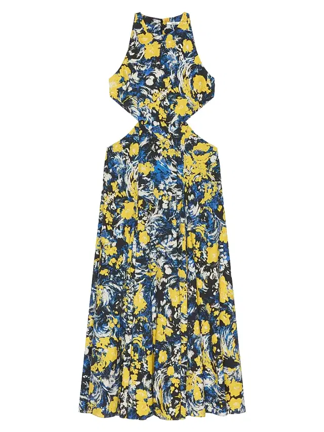 Women's Slashed Dress with Floral Print - Blue Yellow