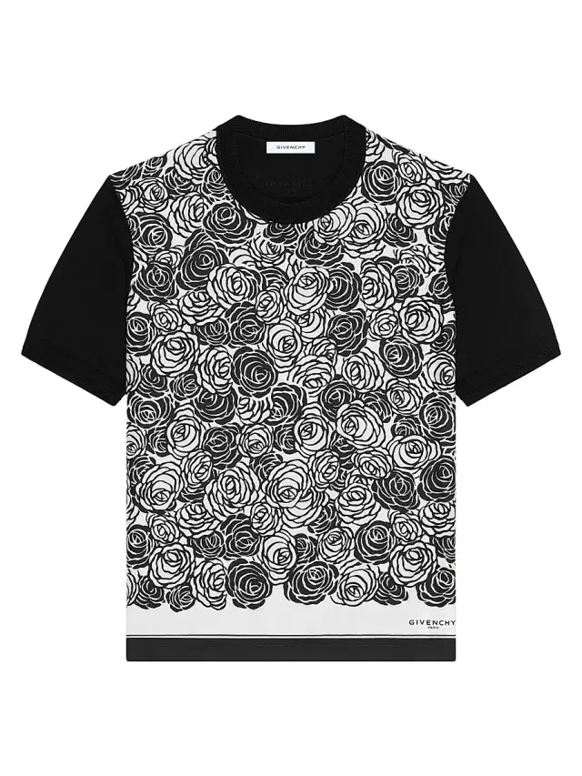 Men's T-Shirt in Cotton Knit with Flowers Print - Black