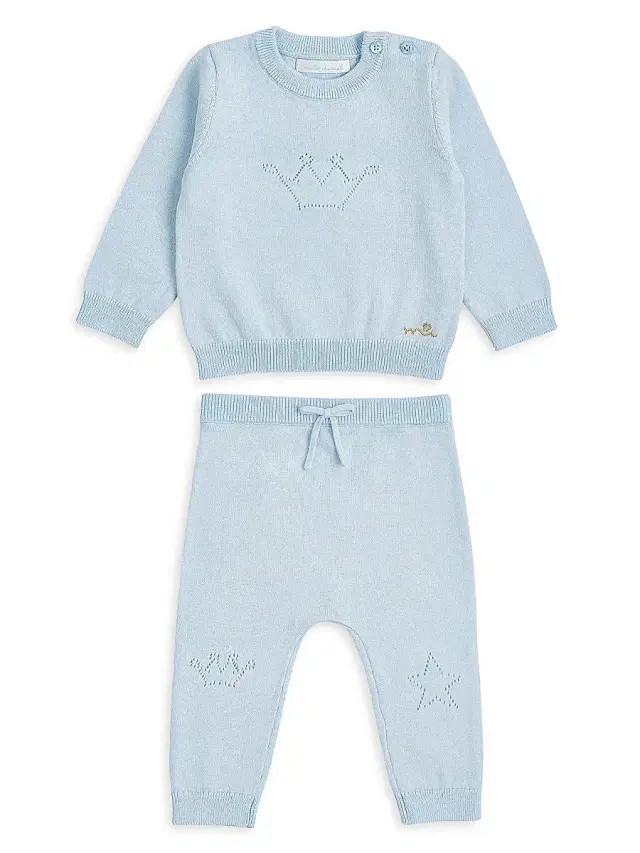 Marie-Chantal Baby Girl's Pointelle Crown Knit Set - Blue 12 Months