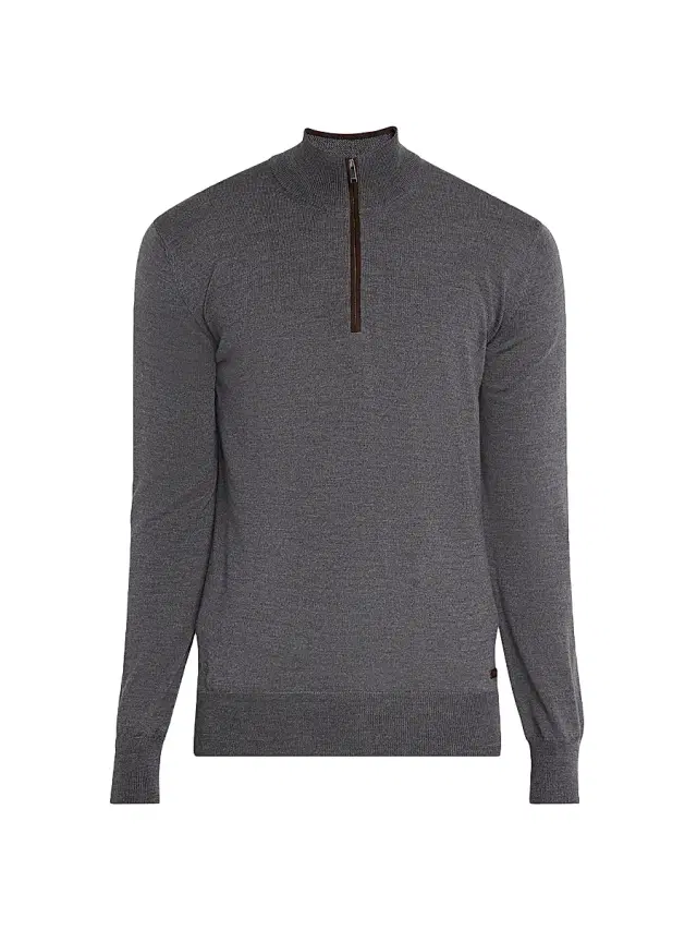 Men's Merino Wool & Leather-Trim Quarter-Zip Sweater - Dark Grey