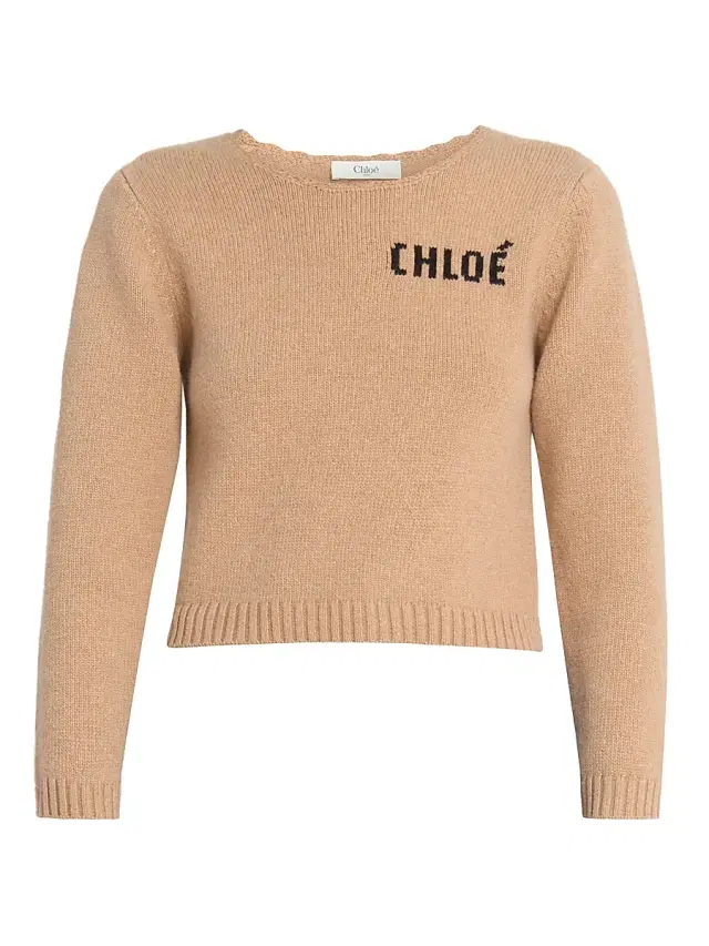 Chloé Women's Logo Wool-Cashmere Crop Sweater - Bleached Brown