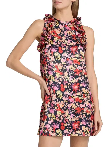 Kika Vargas Women's Keira Floral Ruffle-Trim Satin Minidress - Navy - Size 6 | Thumbnail 3