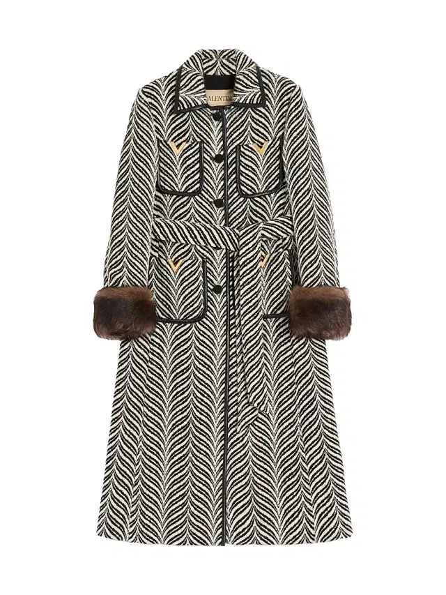 Valentino Garavani Women's Wool Cloth Coat with Fauve Eclat Animal Print - Butter Black