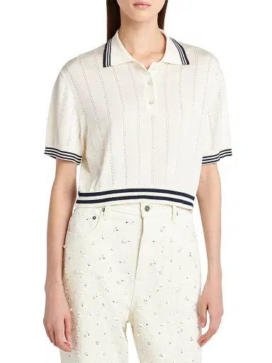 Golden Goose Women's Golden Cropped Open-Work Polo Top - White Blue - Size XXS | Thumbnail 3 Golden Goose Women's Golden Cropped Open-Work Polo Top - White Blue - Size XXS | Thumbnail 3