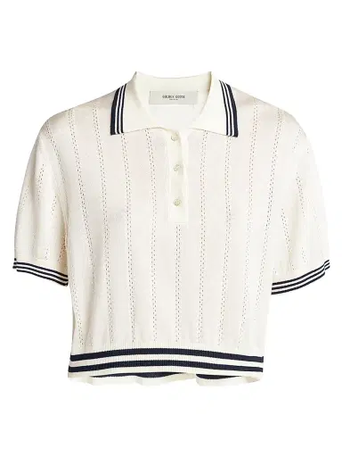 Golden Goose Women's Golden Cropped Open-Work Polo Top - White Blue - Size XXS | Thumbnail 1 Golden Goose Women's Golden Cropped Open-Work Polo Top - White Blue - Size XXS | Thumbnail 1