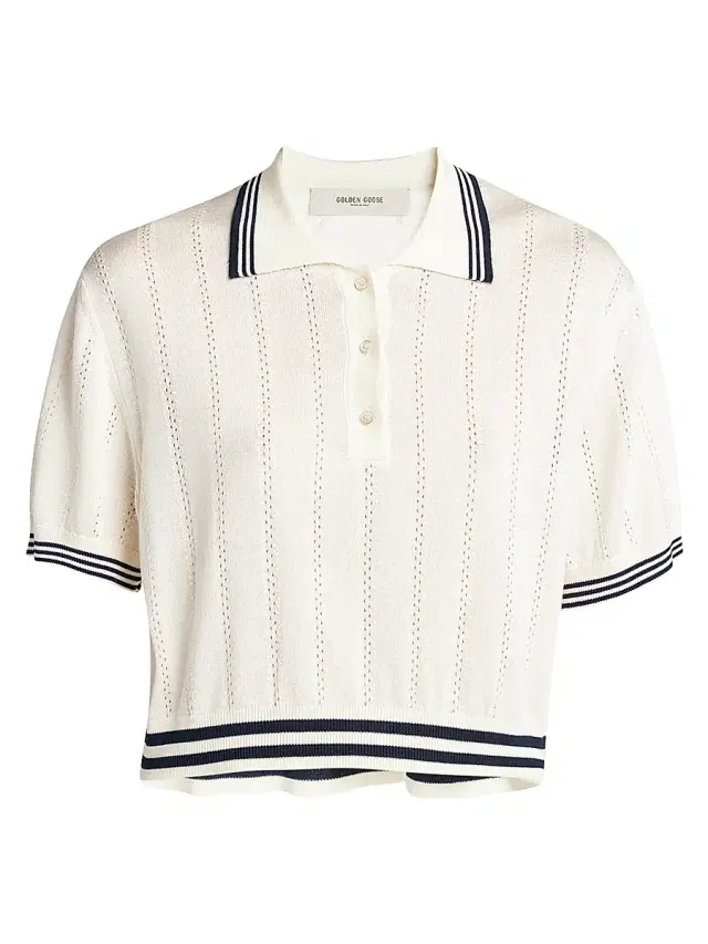 Women's Golden Cropped Open-Work Polo Top - White Blue