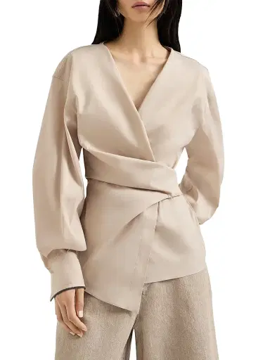 Brunello Cucinelli Women's Stretch Cotton Poplin Shirt with Shiny Cuffs - Beige | Thumbnail 2