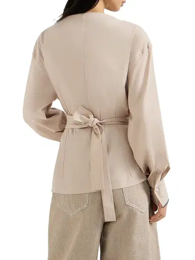 Brunello Cucinelli Women's Stretch Cotton Poplin Shirt with Shiny Cuffs - Beige | Thumbnail 3