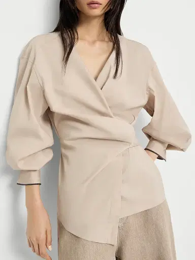Brunello Cucinelli Women's Stretch Cotton Poplin Shirt with Shiny Cuffs - Beige | Thumbnail 5
