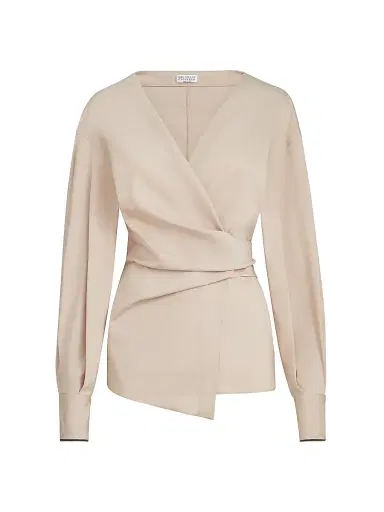 Brunello Cucinelli Women's Stretch Cotton Poplin Shirt with Shiny Cuffs - Beige | Thumbnail 1