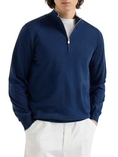Brunello Cucinelli Men's Sea Island Cotton and Cashmere Lightweight Sweater with Half Zip - Avio Blue | Thumbnail 2 Brunello Cucinelli Men's Sea Island Cotton and Cashmere Lightweight Sweater with Half Zip - Avio Blue | Thumbnail 2