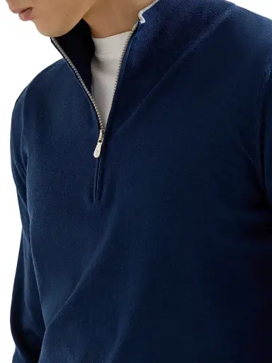 Brunello Cucinelli Men's Sea Island Cotton and Cashmere Lightweight Sweater with Half Zip - Avio Blue | Thumbnail 4 Brunello Cucinelli Men's Sea Island Cotton and Cashmere Lightweight Sweater with Half Zip - Avio Blue | Thumbnail 4