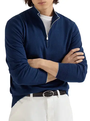 Brunello Cucinelli Men's Sea Island Cotton and Cashmere Lightweight Sweater with Half Zip - Avio Blue | Thumbnail 5 Brunello Cucinelli Men's Sea Island Cotton and Cashmere Lightweight Sweater with Half Zip - Avio Blue | Thumbnail 5