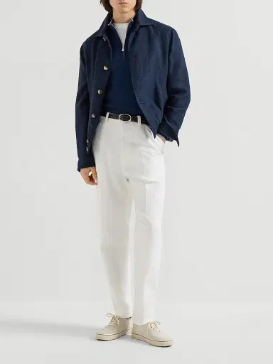 Brunello Cucinelli Men's Sea Island Cotton and Cashmere Lightweight Sweater with Half Zip - Avio Blue | Thumbnail 6 Brunello Cucinelli Men's Sea Island Cotton and Cashmere Lightweight Sweater with Half Zip - Avio Blue | Thumbnail 6