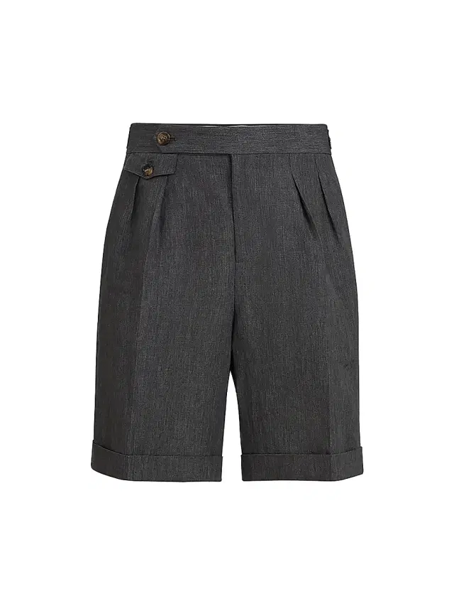 Men's Lightweight Délavé Linen Bermuda Shorts with Double Pleats - Anthracite