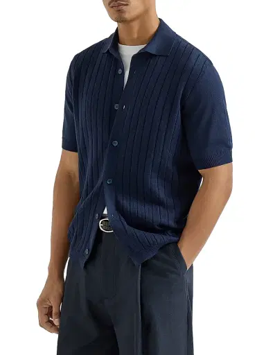 Brunello Cucinelli Men's Cotton Textured Rib Knit Shirt - Navy Blue - Size 38 | Thumbnail 2