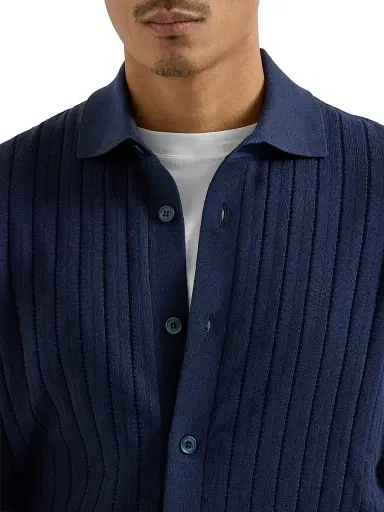 Brunello Cucinelli Men's Cotton Textured Rib Knit Shirt - Navy Blue - Size 38 | Thumbnail 4