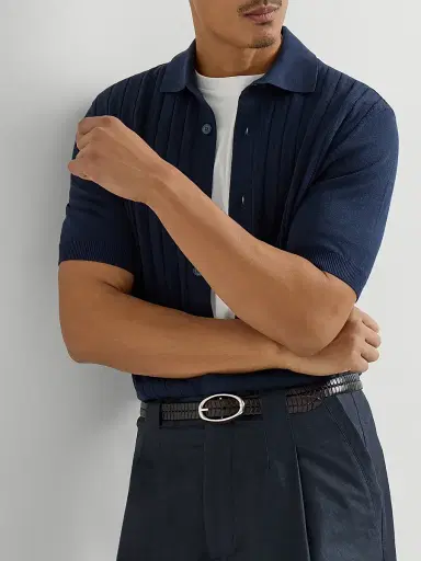 Brunello Cucinelli Men's Cotton Textured Rib Knit Shirt - Navy Blue - Size 38 | Thumbnail 5