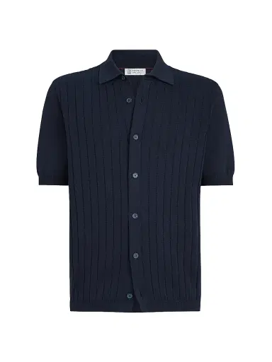 Brunello Cucinelli Men's Cotton Textured Rib Knit Shirt - Navy Blue - Size 38 | Thumbnail 1