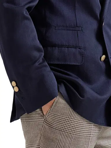 Brunello Cucinelli Men's Délavé Silk and Linen Twill One and a Half Breasted Deconstructed Blazer - Navy Blue | Thumbnail 4 Brunello Cucinelli Men's Délavé Silk and Linen Twill One and a Half Breasted Deconstructed Blazer - Navy Blue | Thumbnail 4