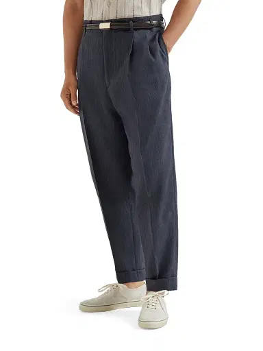 Brunello Cucinelli Men's Virgin Wool and Paper Fiber Chevron Trousers with Double Pleats - Navy Blue | Thumbnail 3 Brunello Cucinelli Men's Virgin Wool and Paper Fiber Chevron Trousers with Double Pleats - Navy Blue | Thumbnail 3
