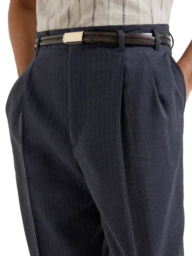 Brunello Cucinelli Men's Virgin Wool and Paper Fiber Chevron Trousers with Double Pleats - Navy Blue | Thumbnail 5 Brunello Cucinelli Men's Virgin Wool and Paper Fiber Chevron Trousers with Double Pleats - Navy Blue | Thumbnail 5