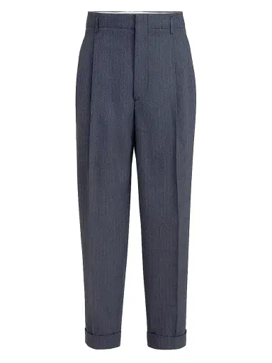 Brunello Cucinelli Men's Virgin Wool and Paper Fiber Chevron Trousers with Double Pleats - Navy Blue | Thumbnail 1 Brunello Cucinelli Men's Virgin Wool and Paper Fiber Chevron Trousers with Double Pleats - Navy Blue | Thumbnail 1
