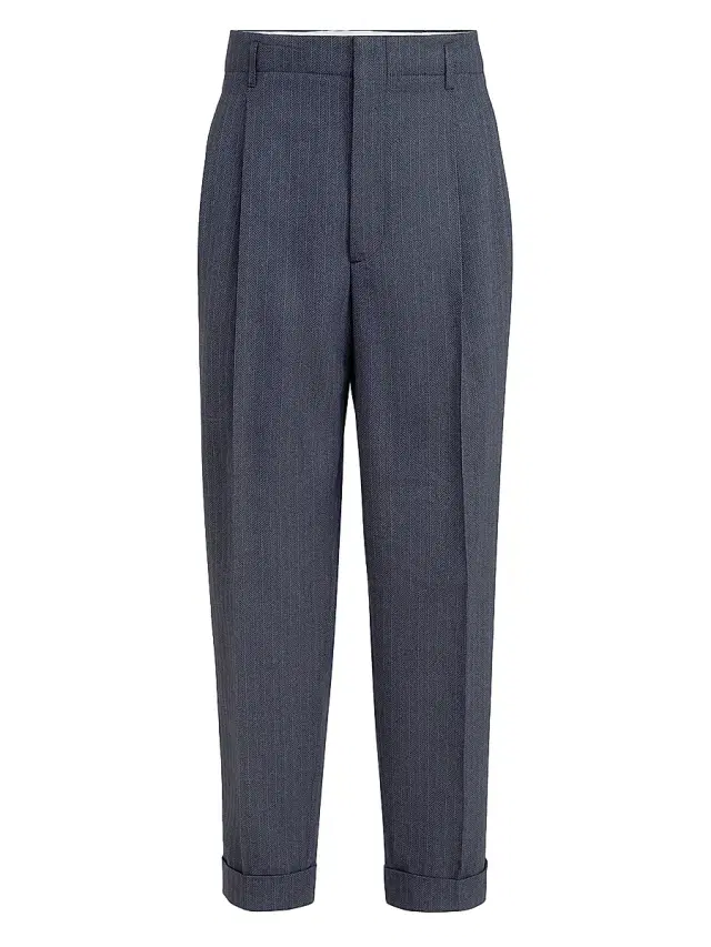 Men's Virgin Wool and Paper Fiber Chevron Trousers with Double Pleats - Navy Blue