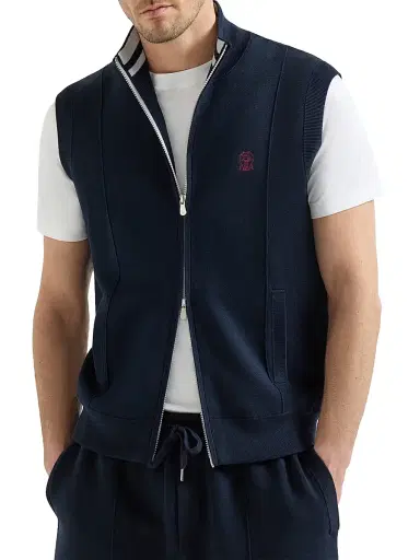 Brunello Cucinelli Men's Cotton and Silk French Terry Double Knit Vest with Logo - Blue - Size XXXL | Thumbnail 2 Brunello Cucinelli Men's Cotton and Silk French Terry Double Knit Vest with Logo - Blue - Size XXXL | Thumbnail 2