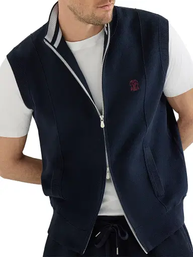 Brunello Cucinelli Men's Cotton and Silk French Terry Double Knit Vest with Logo - Blue - Size XXXL | Thumbnail 4 Brunello Cucinelli Men's Cotton and Silk French Terry Double Knit Vest with Logo - Blue - Size XXXL | Thumbnail 4