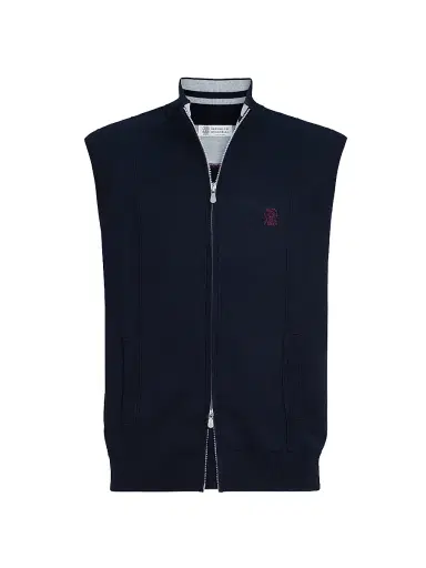 Brunello Cucinelli Men's Cotton and Silk French Terry Double Knit Vest with Logo - Blue - Size XXXL | Thumbnail 1 Brunello Cucinelli Men's Cotton and Silk French Terry Double Knit Vest with Logo - Blue - Size XXXL | Thumbnail 1