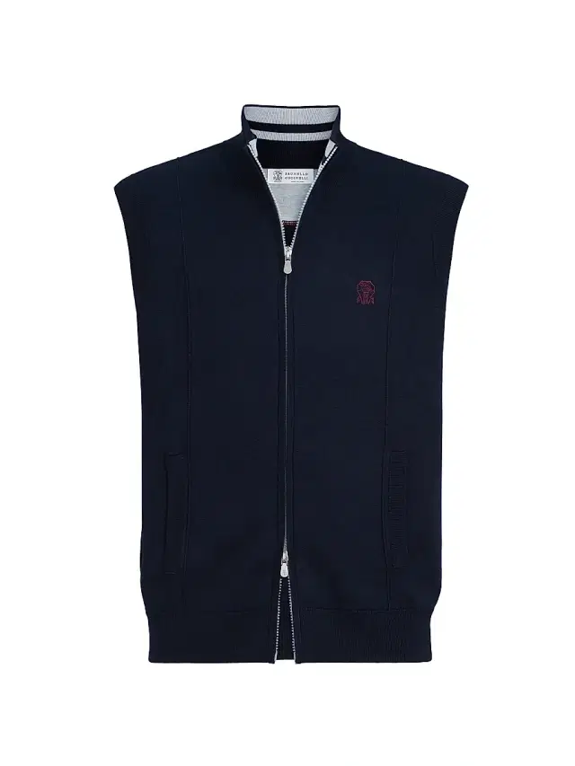 Brunello Cucinelli Men's Cotton and Silk French Terry Double Knit Vest with Logo - Blue