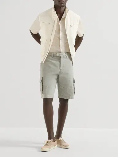 Brunello Cucinelli Men's Bermuda Shorts in Twisted Cotton Gabardine with Cargo Pockets - Khaki - Size 48 | Thumbnail 6