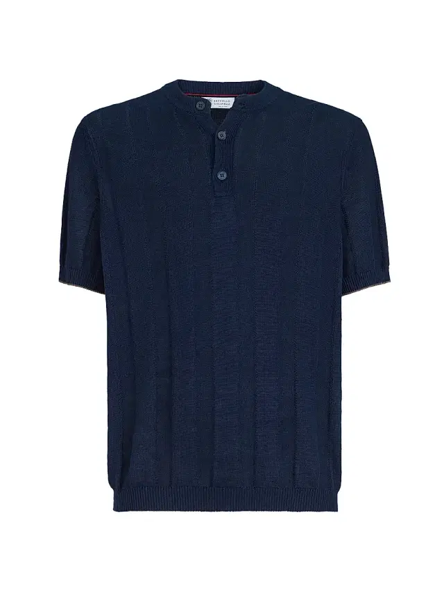 Men's Linen and Cotton Textured Rib Knit T-Shirt with Henley Collar - Navy Blue