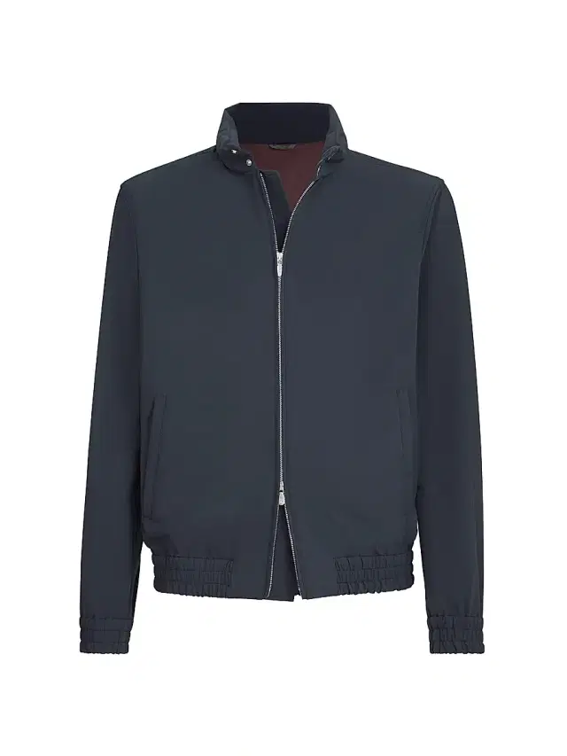 Brunello Cucinelli Men's Bonded Nylon Outerwear Jacket with Packable Hood - Navy Blue