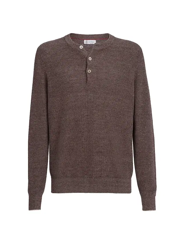 Brunello Cucinelli Men's Cotton And Linen Half English Rib Knit Sweater with Henley Collar - Hazelnut