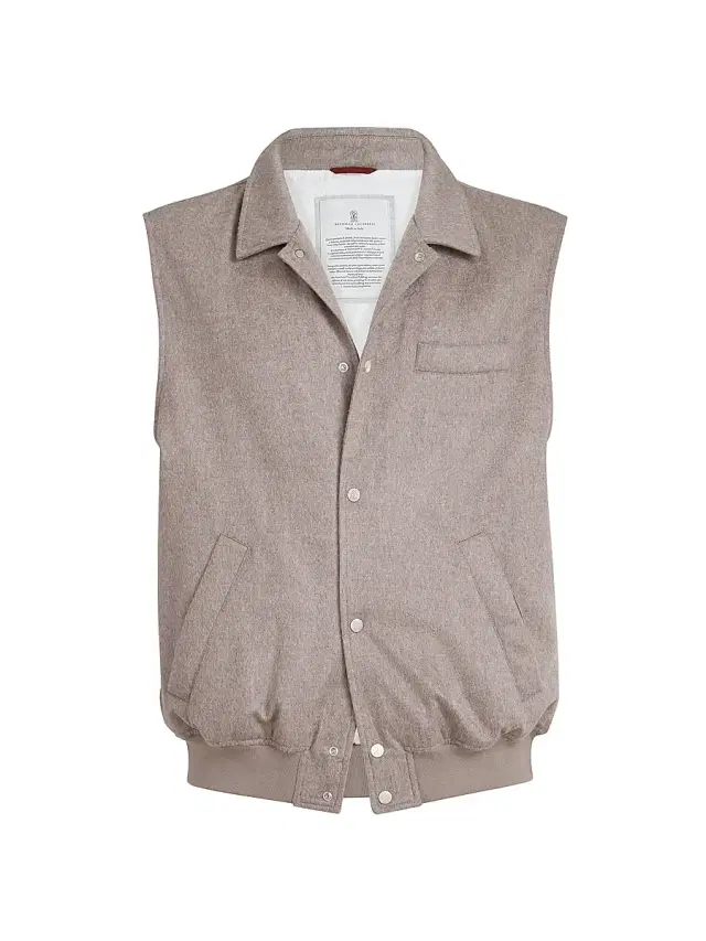 Brunello Cucinelli Men's Lightweight Cashmere Flannel Vest with Thermore Padding - Brown
