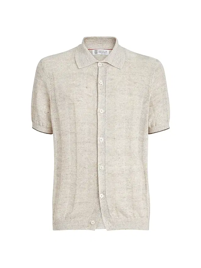 Men's Linen and Cotton Textured Rib Short Sleeve Knit Shirt - Buff