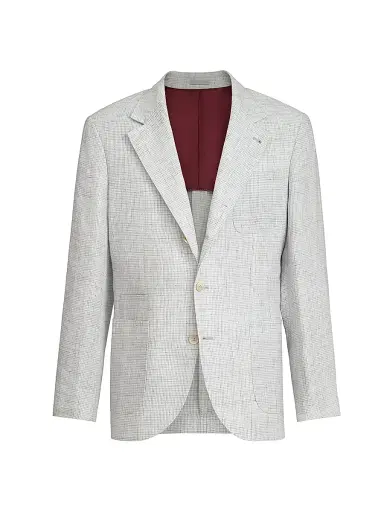Brunello Cucinelli Men's Linen Houndstooth Deconstructed Blazer with Patch Pockets - Pearl Grey | Thumbnail 2 Brunello Cucinelli Men's Linen Houndstooth Deconstructed Blazer with Patch Pockets - Pearl Grey | Thumbnail 2