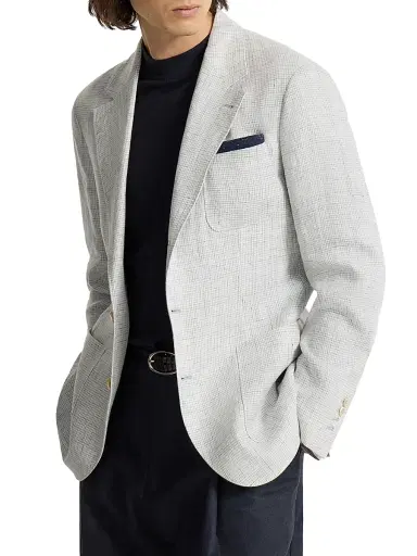 Brunello Cucinelli Men's Linen Houndstooth Deconstructed Blazer with Patch Pockets - Pearl Grey | Thumbnail 4 Brunello Cucinelli Men's Linen Houndstooth Deconstructed Blazer with Patch Pockets - Pearl Grey | Thumbnail 4