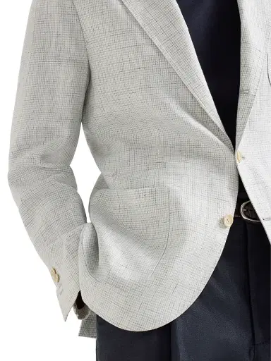 Brunello Cucinelli Men's Linen Houndstooth Deconstructed Blazer with Patch Pockets - Pearl Grey | Thumbnail 5 Brunello Cucinelli Men's Linen Houndstooth Deconstructed Blazer with Patch Pockets - Pearl Grey | Thumbnail 5
