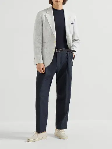 Brunello Cucinelli Men's Linen Houndstooth Deconstructed Blazer with Patch Pockets - Pearl Grey | Thumbnail 6 Brunello Cucinelli Men's Linen Houndstooth Deconstructed Blazer with Patch Pockets - Pearl Grey | Thumbnail 6