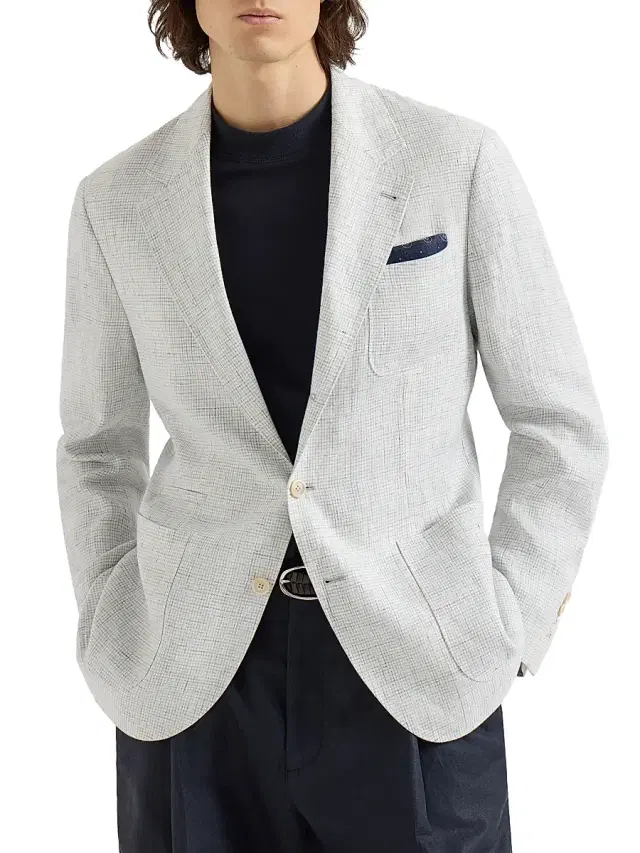 Men's Linen Houndstooth Deconstructed Blazer with Patch Pockets - Pearl Grey Men's Linen Houndstooth Deconstructed Blazer with Patch Pockets - Pearl Grey