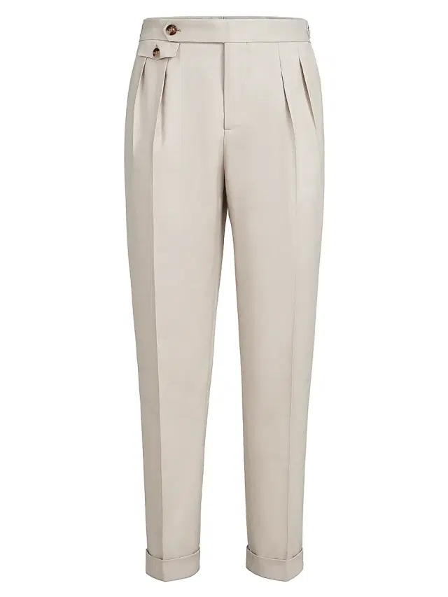 Men's Gabardine Trousers with Double Pleats and Waist Tabs - Buff